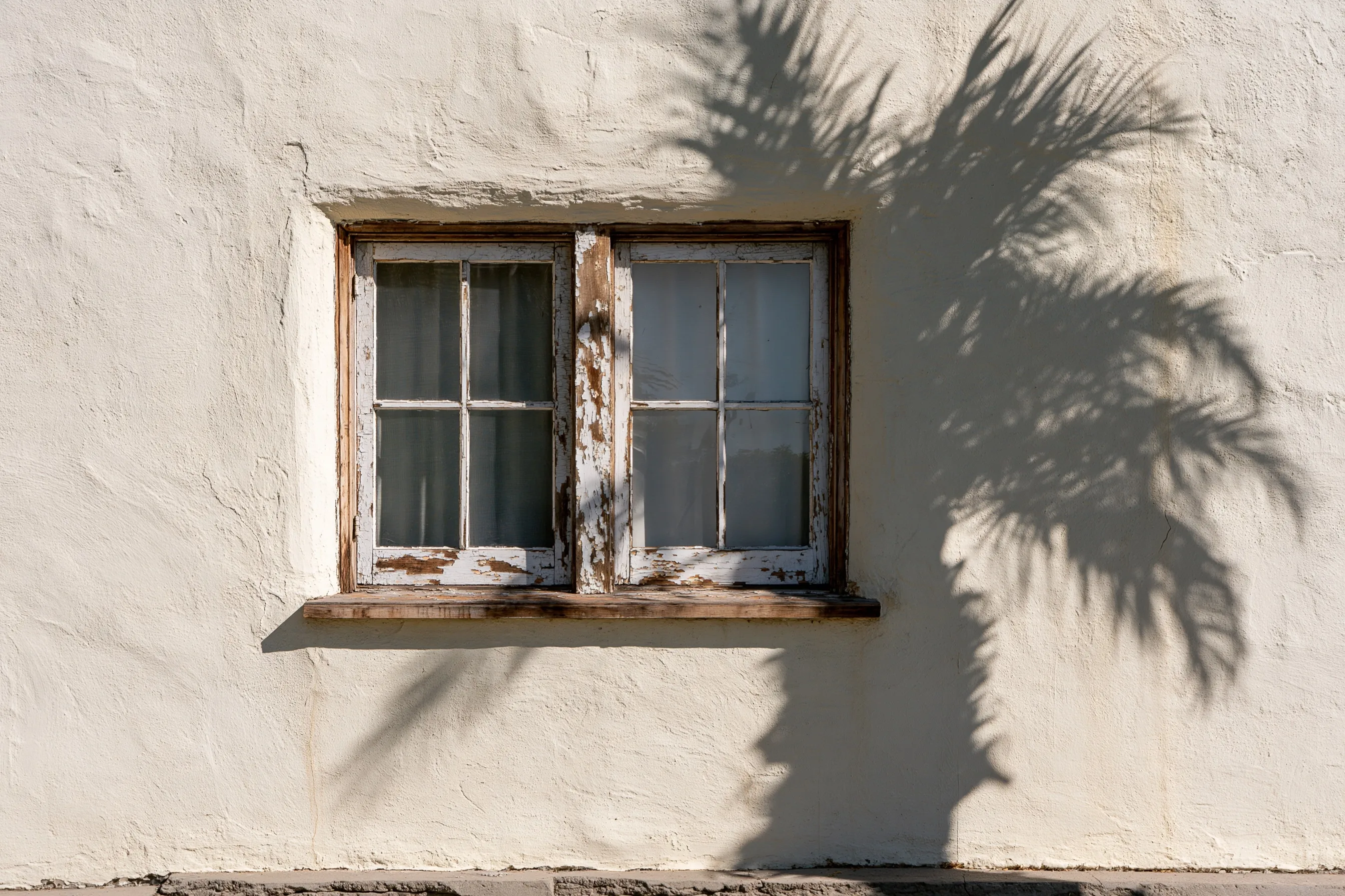 Twin wood window in a stucco wall, its white paint peeling to bare wood on the frame and center post