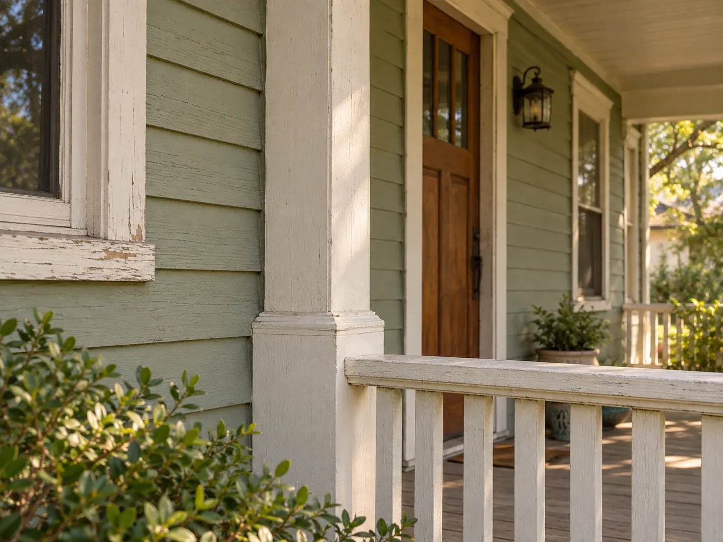 Painted wood lap siding, porch post and railing with worn, peeling white paint on an older house