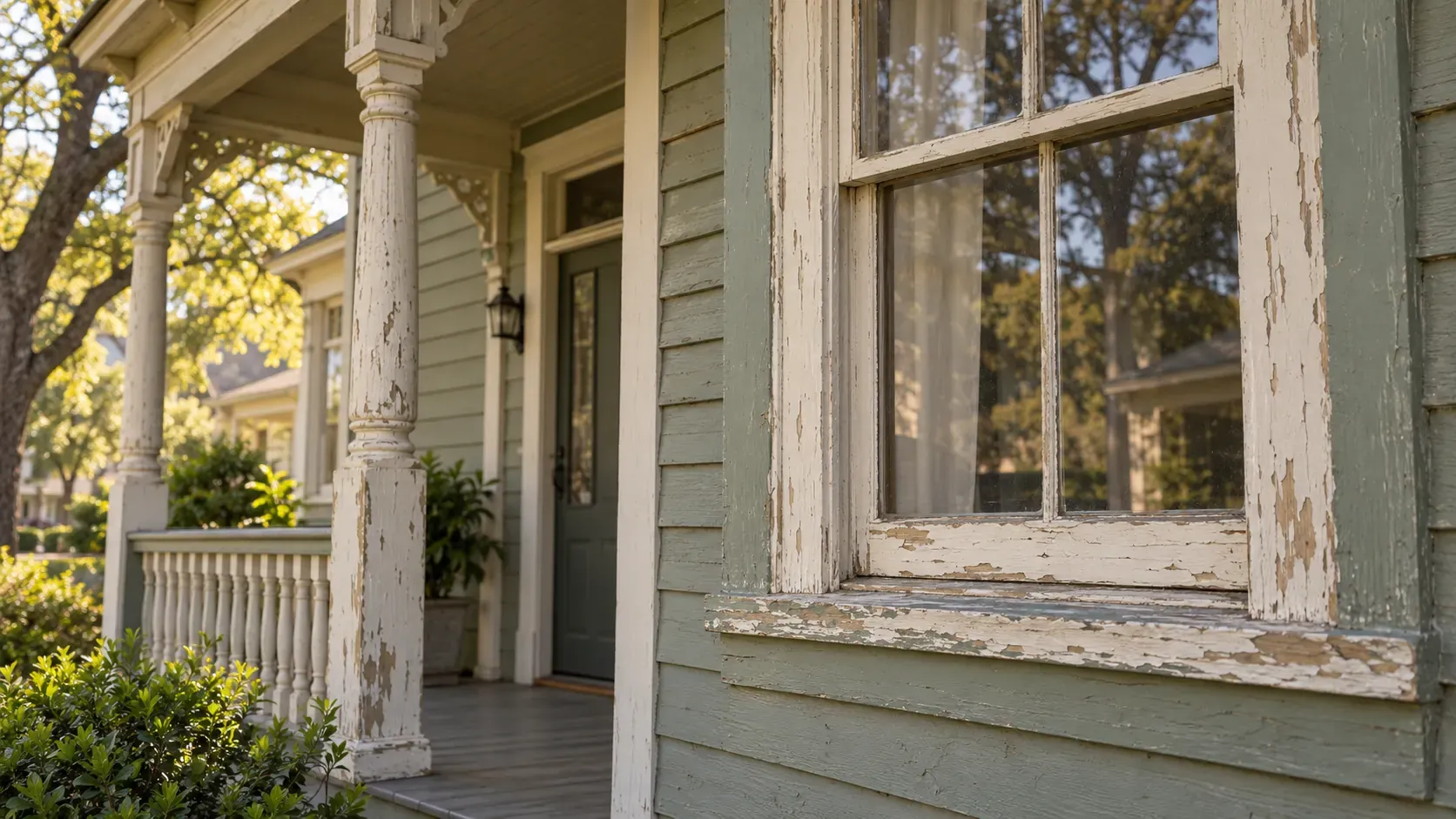 Older house porch with turned posts and a wood window, white paint peeling from the sash and sill